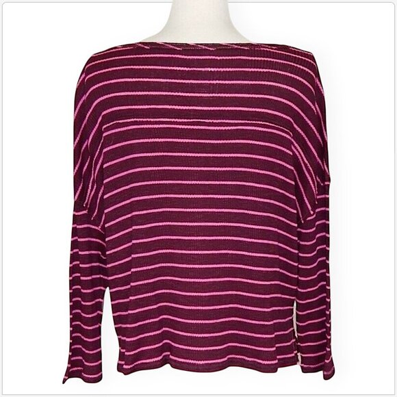 We The Free People Top Plumberry Shocking Pink Striped Cropped Henley NEW NWT M - Picture 4 of 5